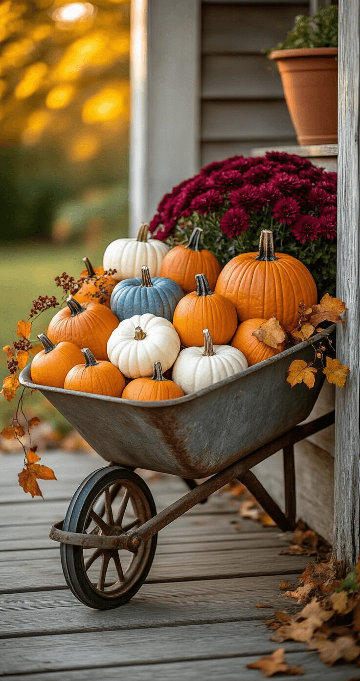 A rustic metal wheelbarrow at an angle near porch steps, filled with white, orange, and blue-green pumpkins, surrounded by large burgundy mums and cascading bittersweet vines, illuminated by soft autumn sunlight. Weathered wooden porch planks and a terra cotta pot are in the background.