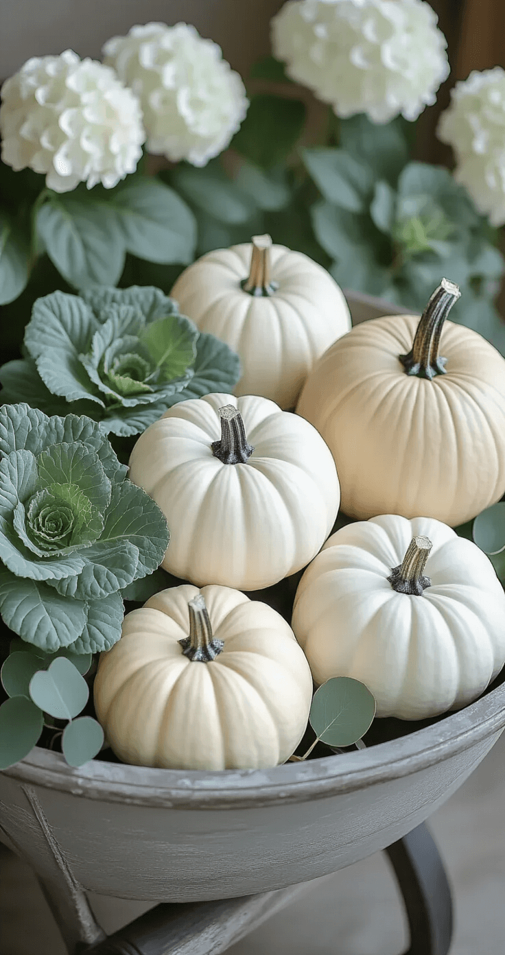 A weathered gray wooden wheelbarrow with chipping paint, artistically arranged with white and cream pumpkins of various sizes, accompanied by sage green ornamental cabbage and eucalyptus branches, illuminated by soft morning light, creating a minimalist aesthetic with sharp focus on the intricate textures.