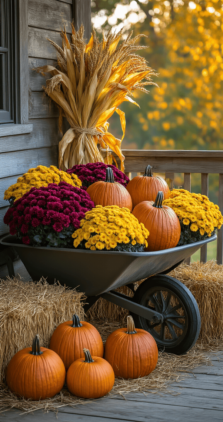A wheelbarrow overflowing with 12 pumpkins in various shapes and colors, surrounded by deep burgundy and golden yellow mums, leaning corn stalks, and tied wheat bundles. Grape vines trail organically, with a hay base adding texture. The scene is illuminated by late afternoon golden hour light on a farmhouse porch with weathered wooden railings, captured in a wide-angle view showcasing a rich autumnal color palette.