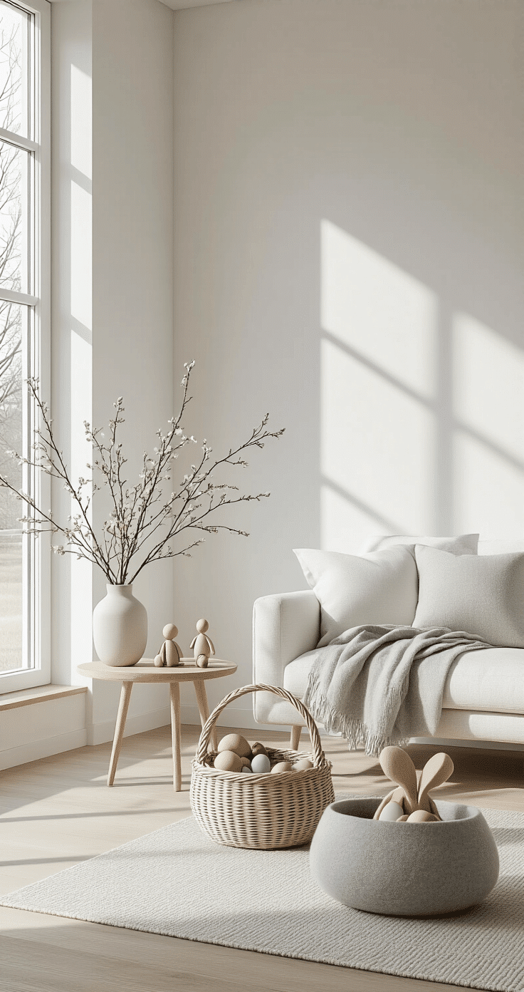 Minimalist Scandinavian living room corner with pure white walls and light oak floors, featuring a crisp white linen couch, a modern geometric side table, and an elegant Easter basket made of light gray felt filled with pastel art supplies, wooden figurines, and organic chocolate, illuminated by bright natural light from large floor-to-ceiling windows.