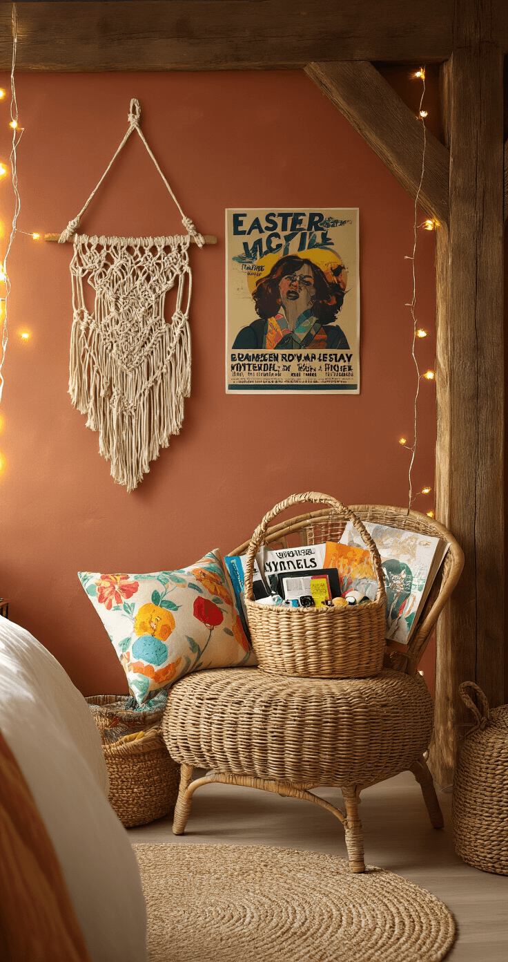 A bohemian teenager's bedroom featuring a soft terracotta exposed brick wall, macramé wall hangings, and vintage concert posters. A woven rattan chair adorned with a colorful throw pillow sits beneath string lights on exposed wooden beams. A reusable canvas tote, styled as an Easter basket, is filled with graphic novels, wireless earbuds, skincare products, and a vintage film camera. The warm golden hour lighting casts soft shadows, highlighting the intentionally curated yet slightly messy aesthetic.