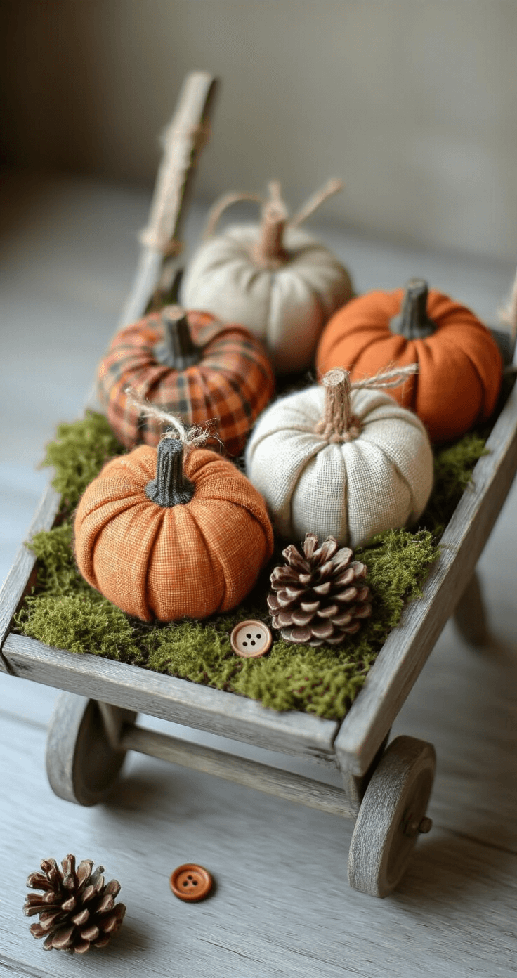 A macro shot of a miniature wooden wheelbarrow filled with handcrafted fabric pumpkins in warm fall colors, resting on a moss base with tiny pine cones. The pumpkins feature delicate twine-wrapped stems and vintage buttons, set against a weathered gray wood finish, all illuminated by soft natural light to highlight the intricate textures and handmade details.