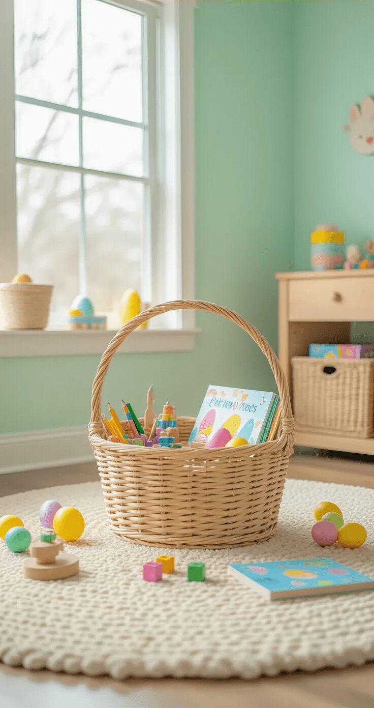 Bright, cheerful children's playroom featuring a handcrafted wooden beach bucket as an Easter basket, overflowing with art supplies and small STEM toys, set against soft pastel mint green and pale yellow walls, with colorful educational toys scattered around, a large window letting in natural light, and a plush rug inviting playfulness.