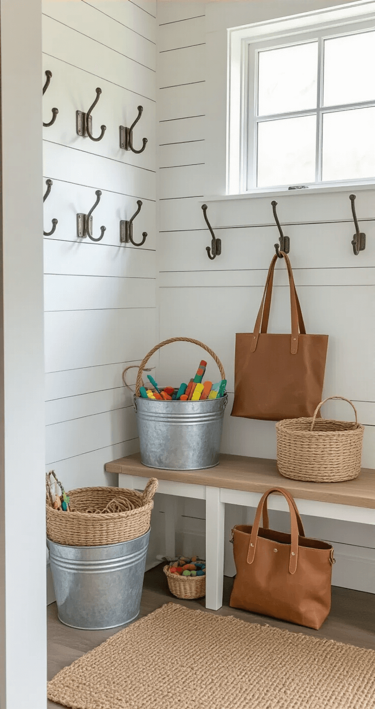 Modern farmhouse mudroom featuring crisp white shiplap walls and a natural jute runner, with a vintage metal coat hook. A galvanized metal bucket serves as an Easter basket filled with outdoor play items, alongside a leather and canvas tote bag and a natural woven basket on the bench. Soft morning light filters through a transom window, highlighting textures and a functional design aesthetic in a 3/4 overhead view.