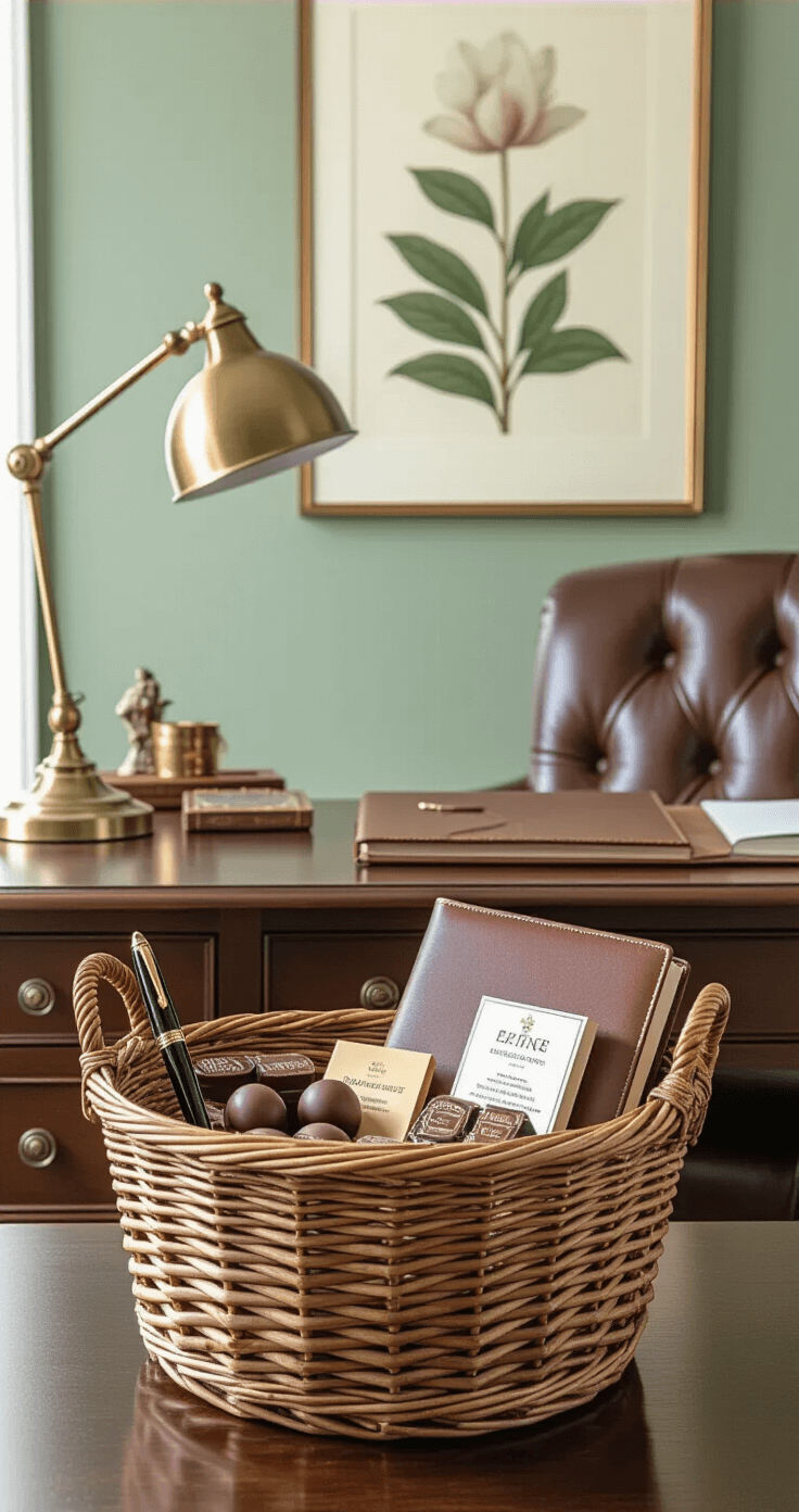 Elegant home office corner featuring a dark walnut desk with a leather executive chair, vintage brass desk lamp, and a leather-wrapped Easter basket filled with luxury items like a fountain pen, leather-bound journal, gourmet chocolates, and an iTunes gift card, against soft sage green walls and a botanical print. Soft lighting enhances the textures and quality of the curated gift selection.