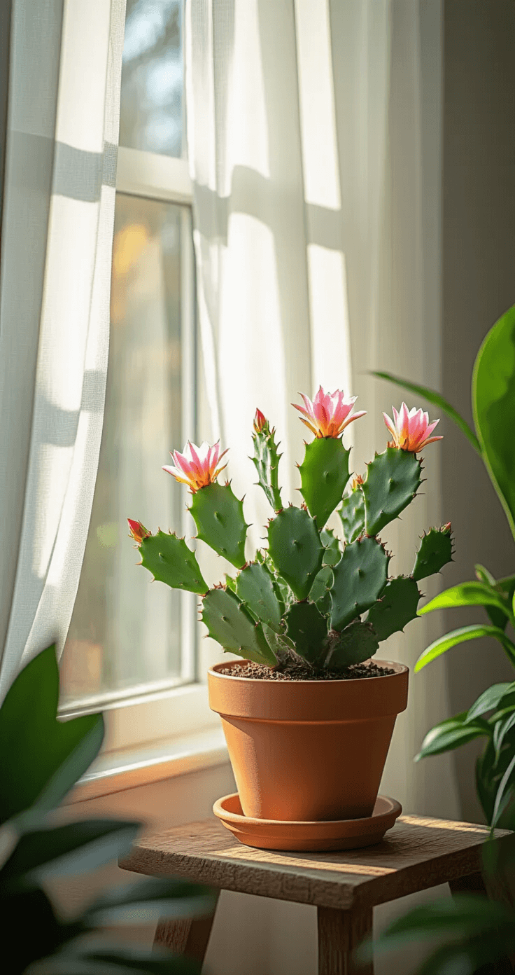 A photorealistic interior scene of a vibrant Christmas cactus in a terracotta pot on a rustic wooden stand, bathed in soft morning light from an east-facing window, with sheer white curtains, surrounded by tropical houseplants and casting delicate shadows on a light gray wall.