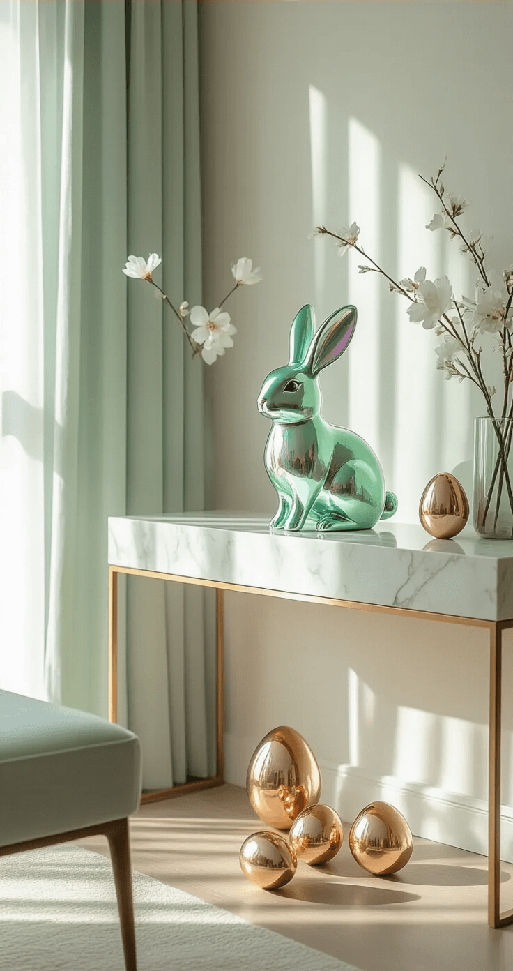 Ultra-modern living room with mint green and gold accents, featuring an iridescent bunny figurine on a white marble console table, morning sunlight casting gentle shadows through sheer linen curtains, geometrical egg sculptures in copper tones, mid-century modern furniture, and a spring floral arrangement in a glass vase.