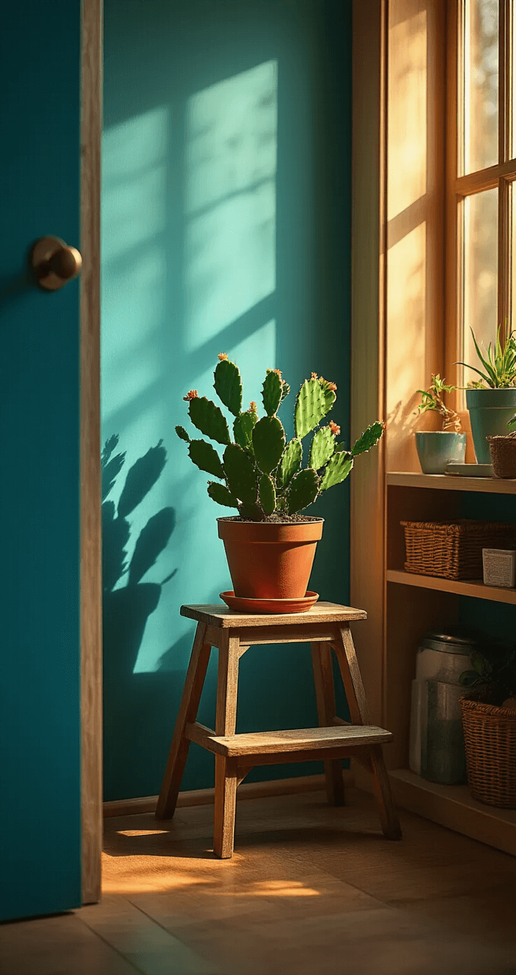 An intimate scene of a Christmas cactus in a softly lit closet with deep teal walls, placed on a vintage wooden step stool. The plant is surrounded by organized gardening supplies, with warm amber light casting dramatic shadows, highlighting its segmented leaves and textural details.
