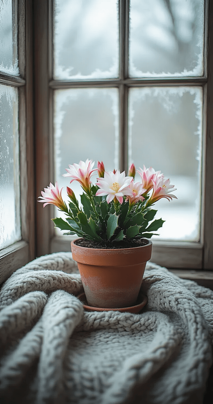 A cozy winter interior featuring a Christmas cactus with pink and white blossoms on a vintage wooden windowsill, surrounded by frost-covered panes, soft gray throw blanket, and a weathered wooden floor.