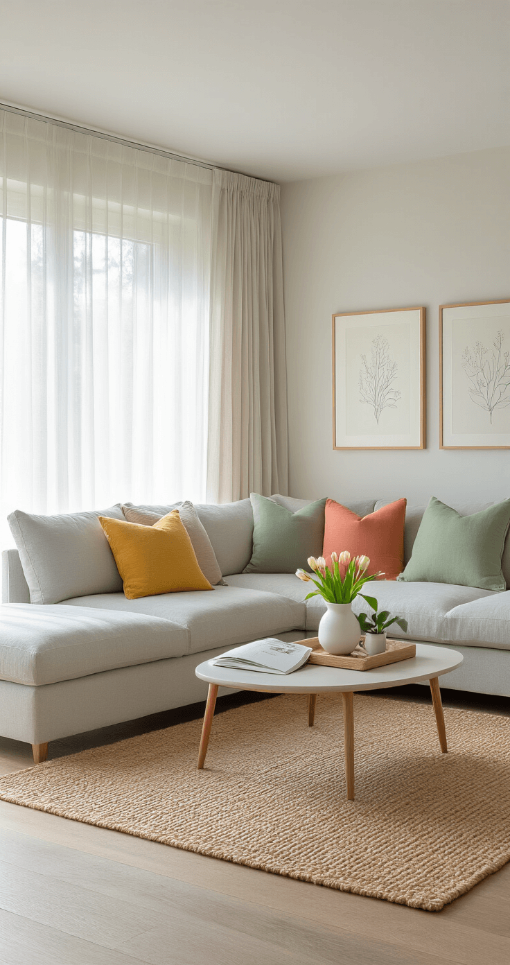 A bright living room featuring a light grey sectional sofa adorned with pastel throw pillows, a mid-century coffee table displaying fresh tulips and an art book, hardwood floors, and a woven jute rug, all bathed in soft morning sunlight.