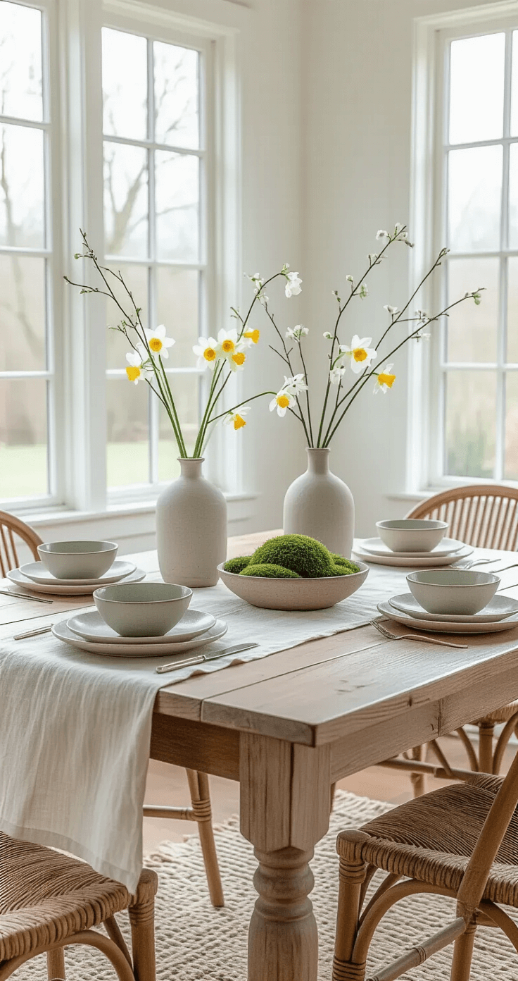 An intimate dining area featuring a natural wood farmhouse table with an ecru linen runner, mismatched bud vases with daffodils and pussy willow, vintage ceramic plates, pale sage linen napkins, and a centerpiece of fresh moss. The space is illuminated by soft light from large windows overlooking a spring garden, complemented by woven rattan chairs with cushions and a subtle vintage rug, creating a serene, lived-in atmosphere.