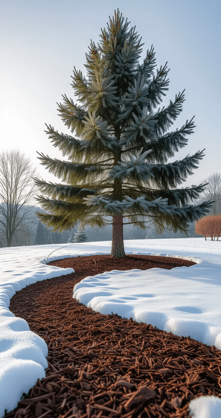 A winter landscape featuring a tall Austrian pine against a gray sky, surrounded by rich brown organic mulch, frost-kissed ground, and a discreet soaker hose. Warm side lighting casts long shadows over pristine snow, highlighting the detailed bark texture and needle structure with precise mulching technique and trunk clearance.