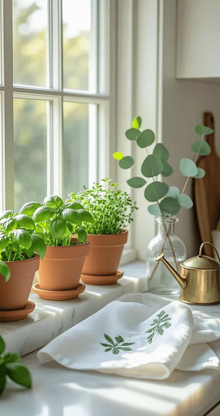A minimalist kitchen windowsill featuring small terra cotta herb pots with basil, thyme, and mint on a white marble countertop, illuminated by soft morning light. Nearby, a white ceramic towel with green embroidery, a clear glass vase with eucalyptus, and a vintage brass watering can complement the neutral color palette.