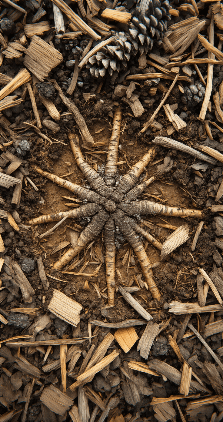 Close-up overhead view of a cross-section of a pine tree root zone, showcasing soil layers, moisture distribution, and mulch composition with organic textures of wood chips and pine needles in varied browns and tans, illuminated by soft diffused lighting, highlighting a visible moisture gradient in a scientific documentary style.