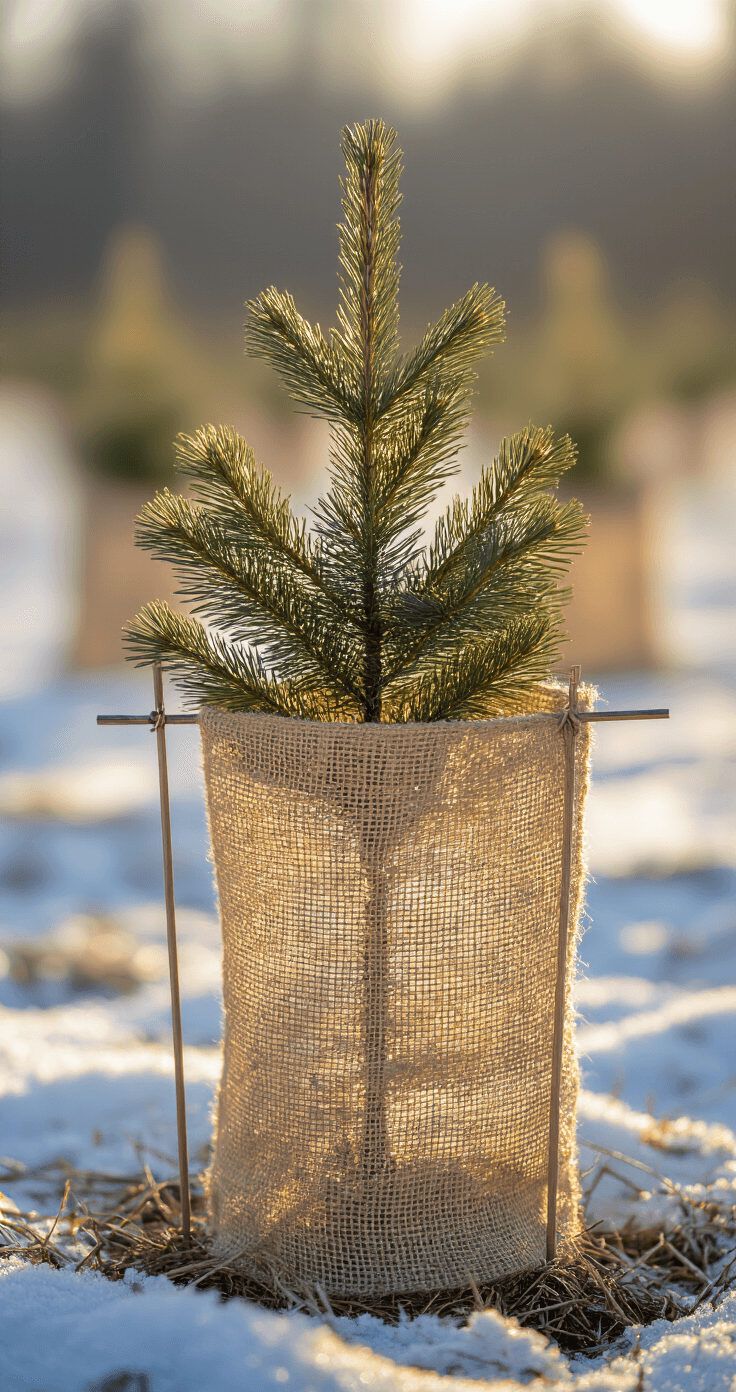 A young pine tree surrounded by an intricate burlap protective screen, illuminated by golden late afternoon light that casts long shadows, set against a soft-focus snow-dusted landscape. The image highlights the detailed textures of the burlap fabric and the tree's vulnerability contrasted with its precise wind protection strategy.