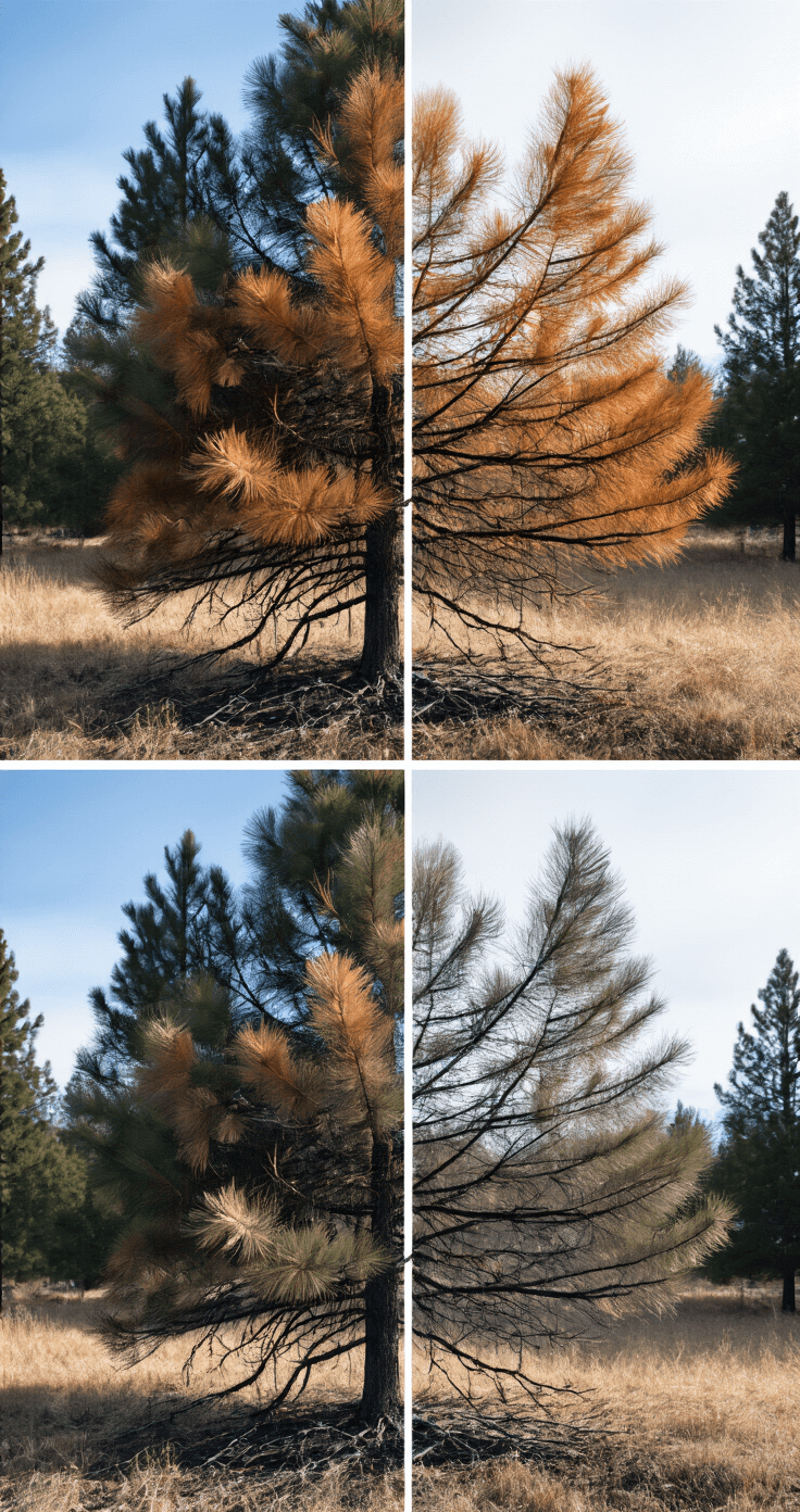 A dramatic split-screen image showcasing a pine tree with winter burn damage, featuring a side view that highlights half-brown needles against a healthy green interior, with detailed forensic analysis of moisture loss patterns and transpiration effects, presented in a blend of scientific illustration and fine art photography.
