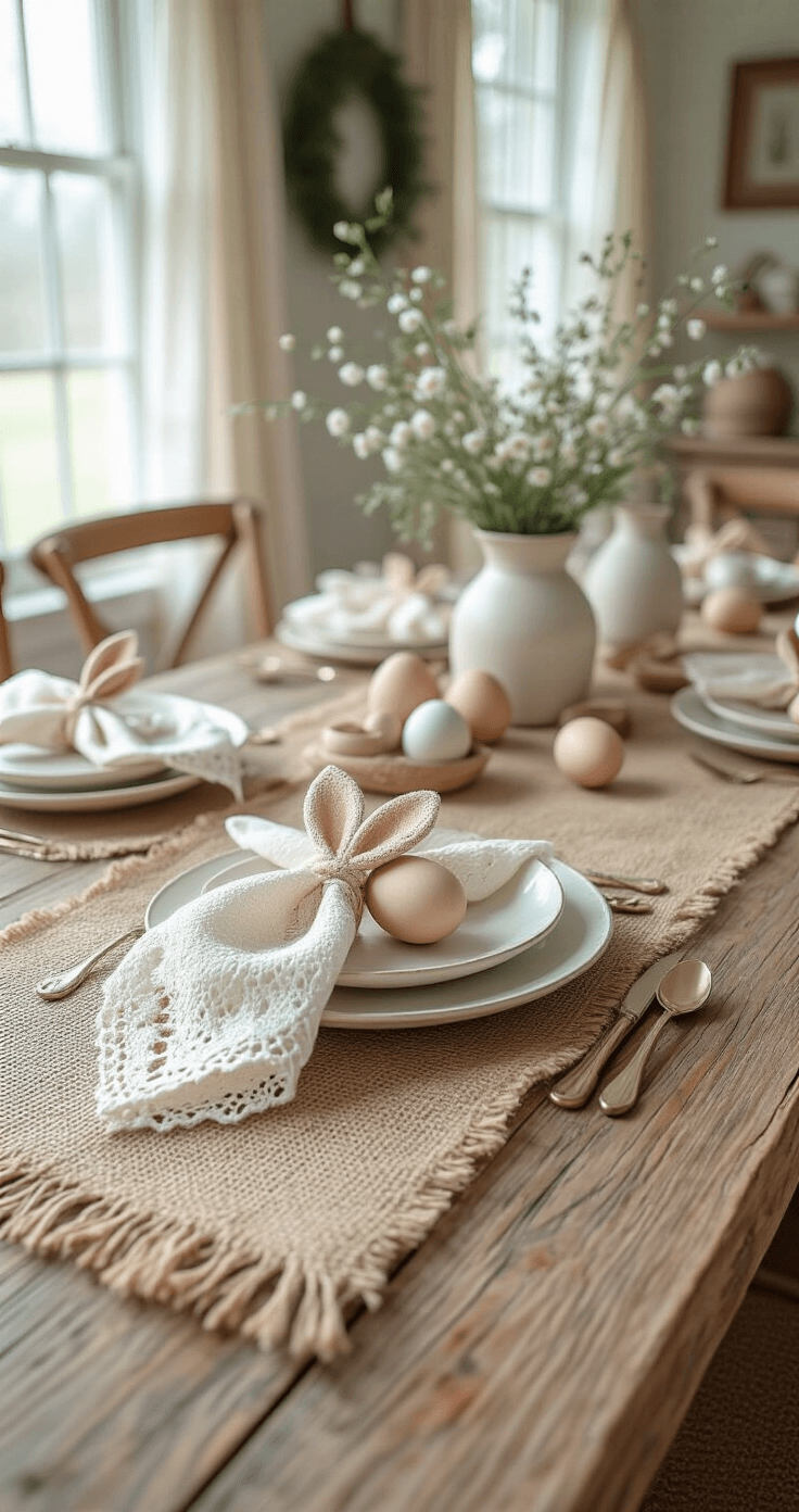 Ultra-detailed bohemian Easter tablescape with a burlap runner, wooden and ceramic eggs, lace-trimmed napkins, and a soft sage and terracotta palette, illuminated by morning light.
