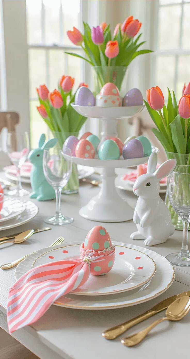 Vibrant pastel Easter table setting featuring striped coral, mint, and lavender napkins, polka-dot ceramic egg holders, white porcelain plates with gold rims, a tiered glass stand centerpiece of fresh tulips, whimsical bunny figurines, and bright natural daylight enhancing the playful colors.