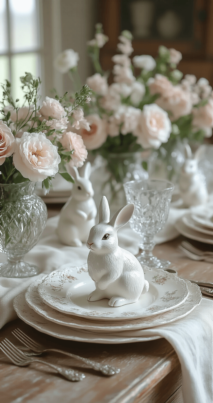 Elegant vintage-inspired Easter tablescape featuring antique white porcelain, spray-painted ceramic bunnies, delicate floral arrangements in crystal vases, and a soft blush and ivory color palette, accented with hand-embroidered linen napkins and silver filigree napkin rings, all set on an aged wooden table under low ambient lighting that highlights intricate details and textures.