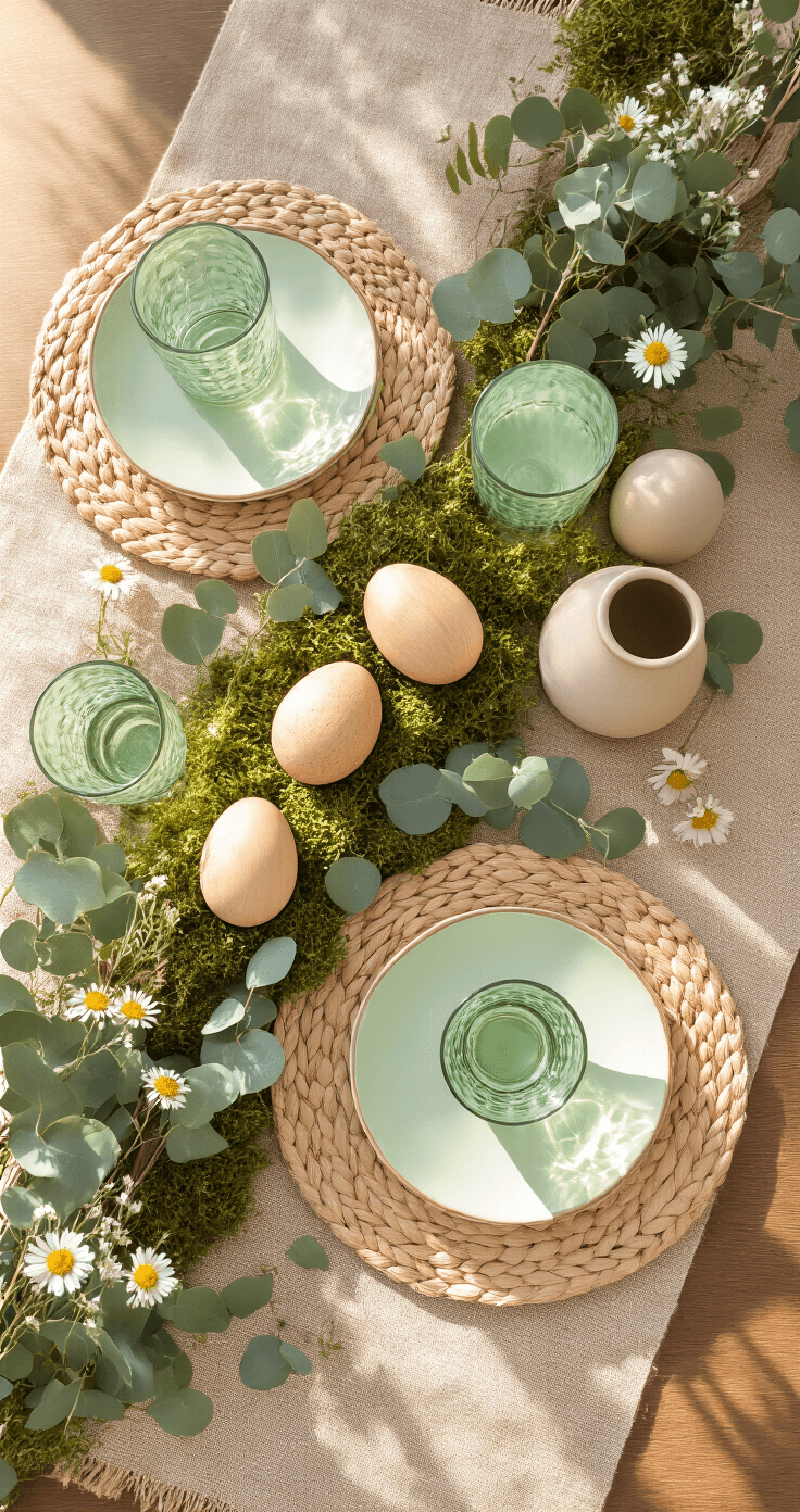 Rustic Easter table setting with wooden decorative eggs on fresh eucalyptus and moss, pastel green glasses, handwoven placemats, burlap runner, mismatched ceramic vases with wildflowers, warm sunlight creating soft shadows, highlighting organic textures and imperfections.