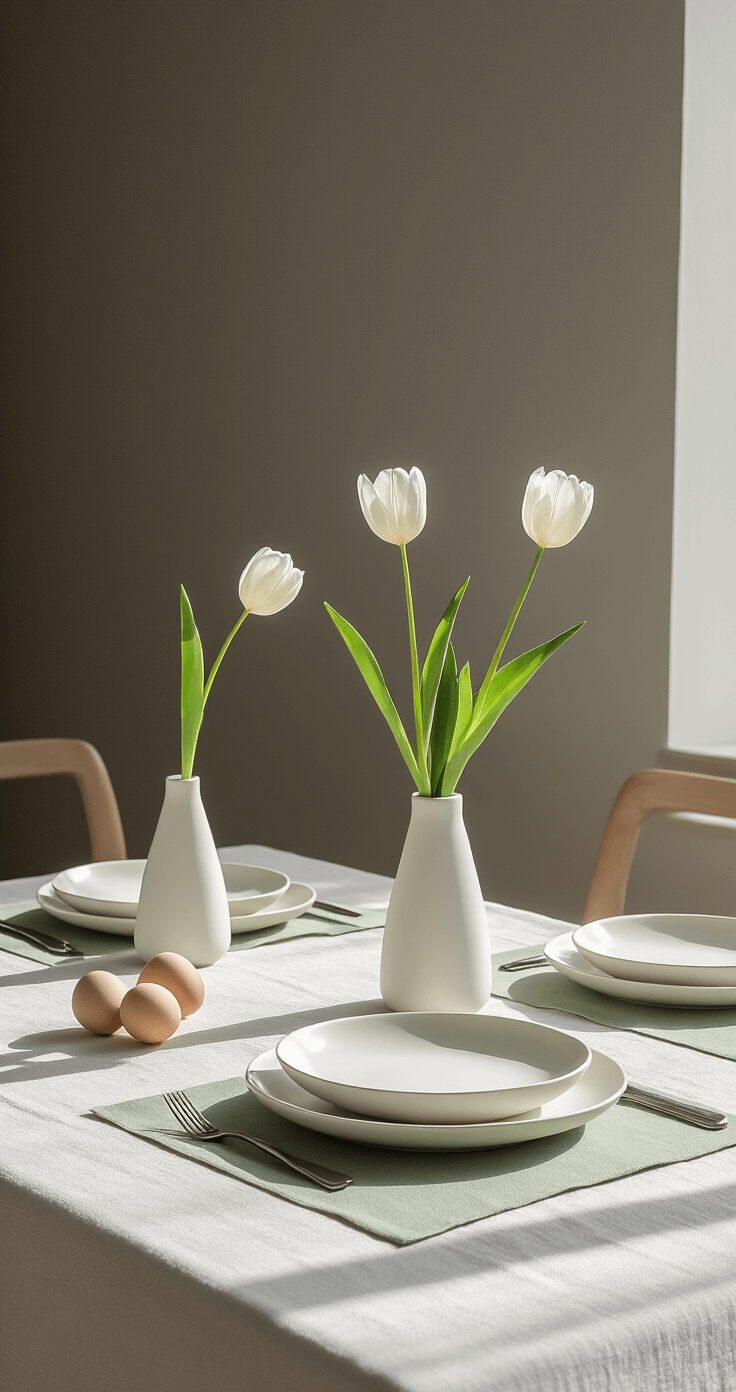 A minimalist Easter table setting featuring all-white ceramic dishes, single stem white tulips in tall vases, geometric washi-taped eggs, a crisp linen tablecloth, light sage green placemats, and soft morning light casting clean shadows from an architectural overhead perspective.