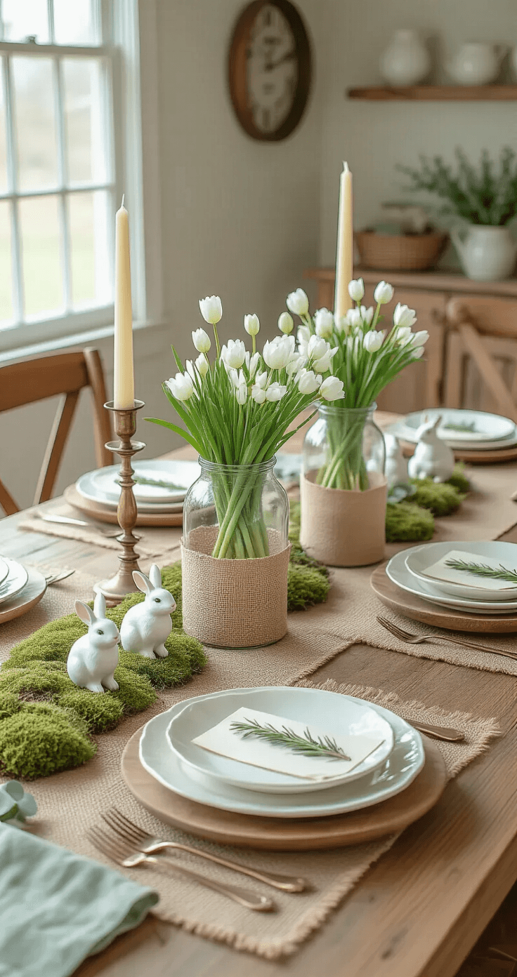 A beautifully arranged farmhouse-style Easter table featuring a burlap runner, layered glass cylinders with blooming spring bulbs, wooden chairs, white plates with rosemary-sprig place cards, vintage brass candlesticks with cream candles, scattered moss and eucalyptus, an antique tray with ceramic bunnies, and sage green linen napkins, all bathed in warm natural light.