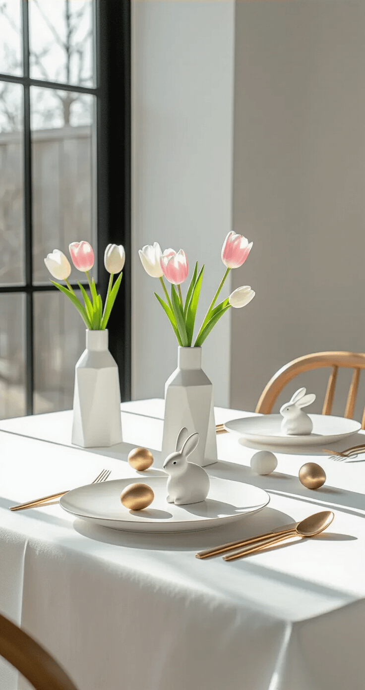 A modern minimalist Easter table setting featuring a white tablecloth, geometric white ceramic vases with single-stem pastel pink and white tulips, sleek metallic gold place settings, and minimalist bunny-shaped place cards. Scattered white and gold decorative eggs are present, with bright natural light illuminating the space through large windows, casting sharp shadows on the polished concrete floor and mid-century modern chairs.