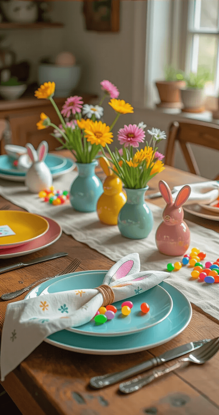A colorful and playful Easter table setting featuring vibrant mix-and-match ceramic plates, bunny ear napkins, scattered jelly beans, and a centerpiece of bright spring flowers in bud vases, all on a wooden table with a linen runner and children's handmade place cards, illuminated by warm natural light.
