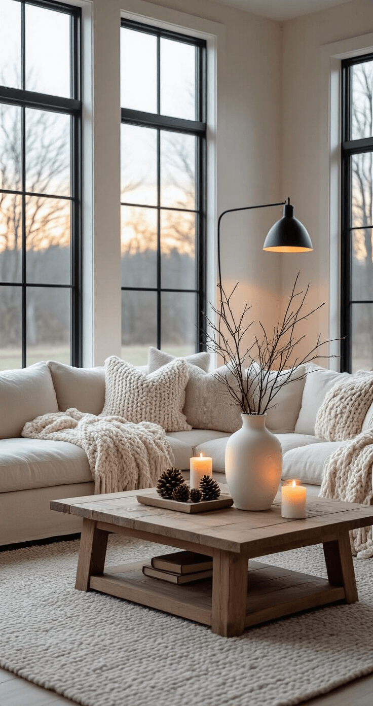 Ultra-detailed interior of a modern farmhouse living room at dusk, showcasing a cream-colored linen sofa with chunky knit throws, natural wood coffee table with pinecones and branches, matte black floor lamp, and soft gray wool area rug, with ambient light from battery-operated candles and large windows filtering in.