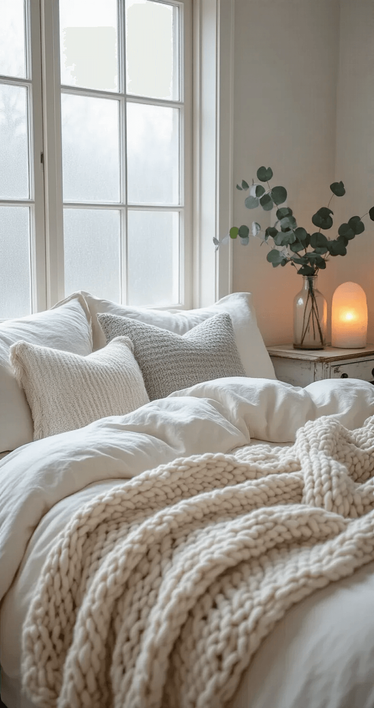 Cozy bedroom corner styled as a winter sanctuary, featuring a frosted window, oversized cream duvet, textured gray and white pillows, a chunky knit blanket, eucalyptus in a glass vase, and a warm salt lamp, all bathed in soft diffused light.