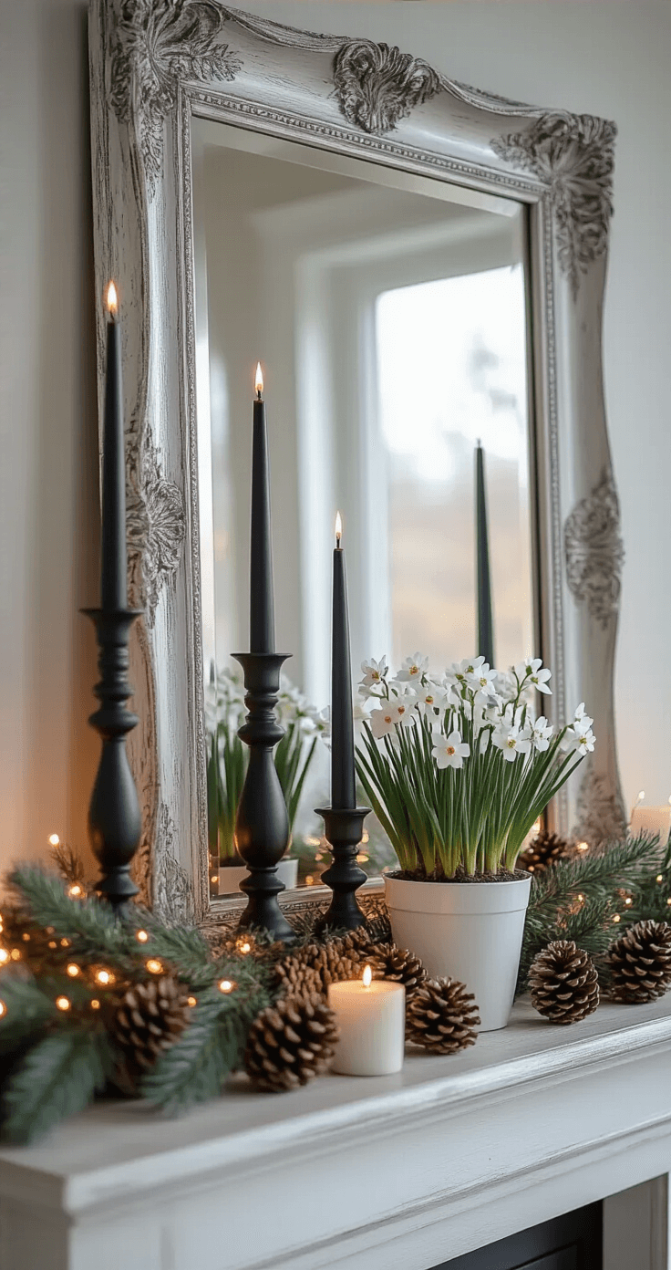 Sophisticated winter-themed fireplace mantel featuring a large antique mirror with a silvery-white distressed frame, tall matte black candlesticks, small potted white paperwhite narcissus, scattered pinecones, natural wood elements, and soft fairy lights, all illuminated with warm ambient lighting.