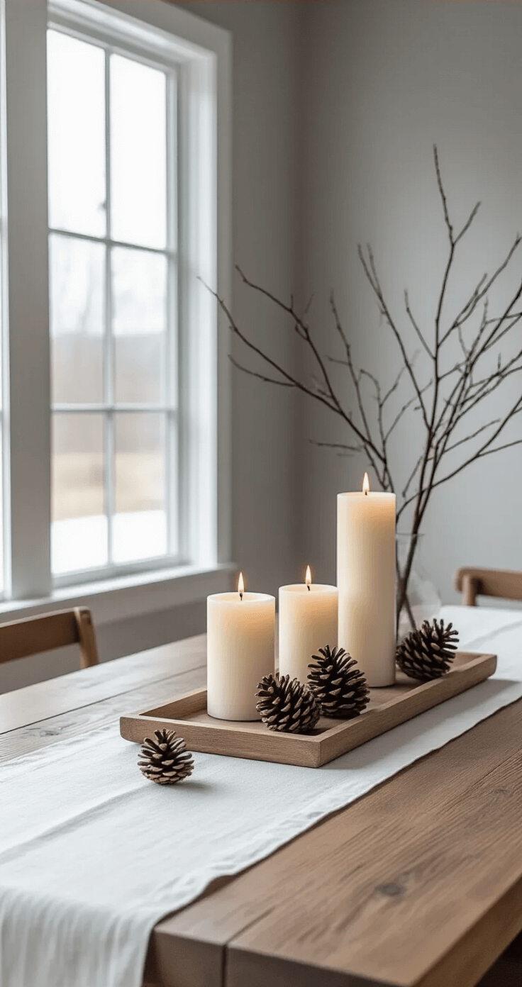 A minimalist dining area featuring a large wooden farmhouse table adorned with a white linen runner and three varying-height pillar candles on a wooden tray, accented by clusters of pinecones and bare branches. The soft gray walls and large windows reveal a bare winter landscape outside, with natural light casting gentle shadows, viewed from a diagonal perspective.