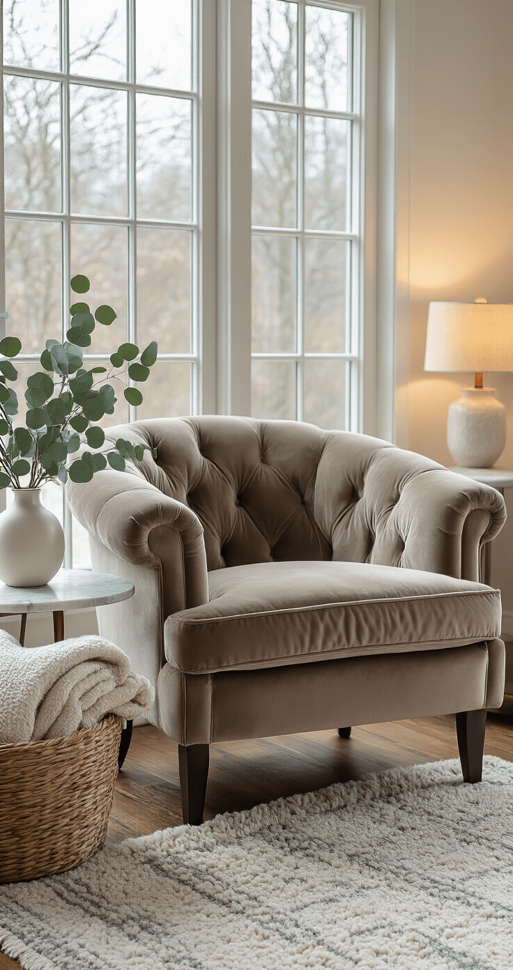 Cozy reading nook featuring a deep taupe oversized velvet armchair, positioned by a large window with soft winter light, a marble-topped side table, a basket of folded wool blankets, eucalyptus in a white ceramic vase, a warm table lamp with an amber bulb, and a cream and gray area rug, all showcasing an intimate space with layered textures.