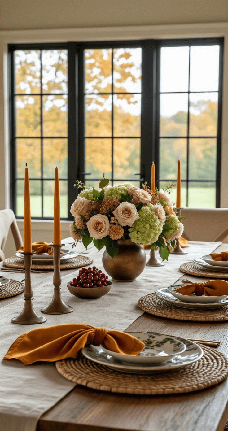 A photorealistic modern dining room featuring a 10-foot farmhouse table set with a natural linen tablecloth, green damask runner, dark brown woven placemats, and botanical plates. The centerpiece is a bronze vase with antique hydrangeas and pink roses, surrounded by scattered pomegranates and tall orange candlesticks, all illuminated by warm golden hour lighting from large windows. The scene is captured from eye-level at the head of the table, highlighting rich textures and a sophisticated autumn palette.