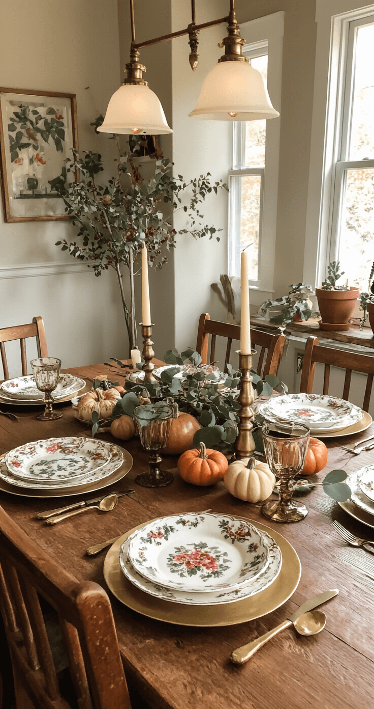Cozy dining space featuring a rectangular oak table set for six with eclectic thrifted decor, including mismatched vintage plates on brass chargers, brass candlesticks with cream tapers, and a low centerpiece of mini pumpkins and eucalyptus, all illuminated by warm pendant lighting. The scene showcases warm amber and cream tones with accents of burgundy and forest green, emphasizing textures of worn brass, ceramic glazes, and natural wood.