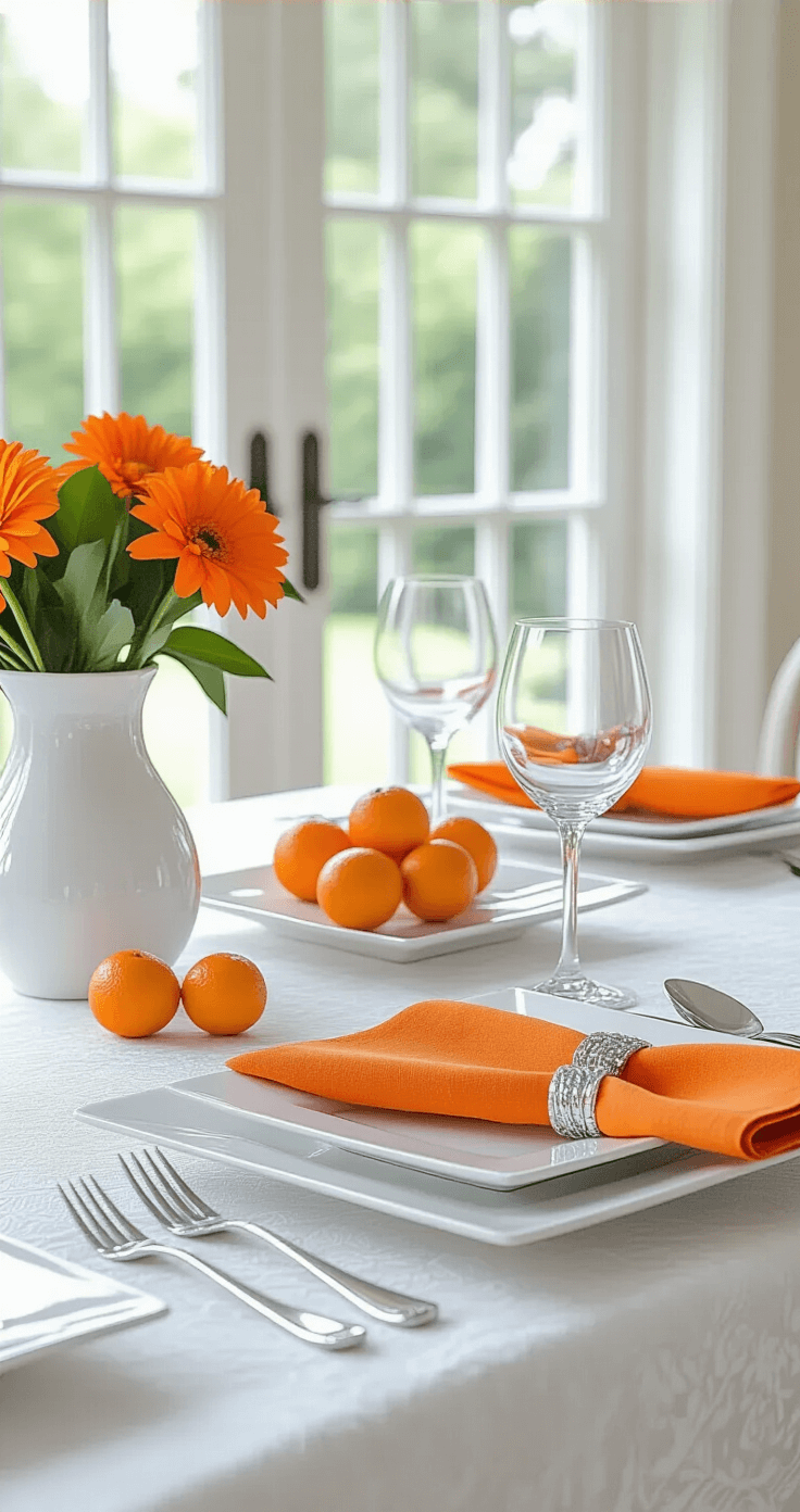 Elegant Hamptons-style dining room featuring a white damask tablecloth, white square plates, and simple silver cutlery. Bright orange linen napkins in silver rings complement orange flower arrangements in white vases, with fresh clementines scattered decoratively. Natural daylight streams through French doors, creating a clean, airy atmosphere with a crisp white and vibrant orange palette.