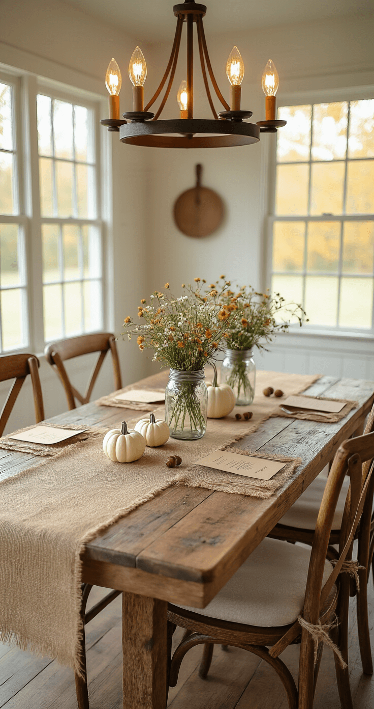 A cozy rustic farmhouse dining room featuring a reclaimed wood table adorned with a burlap table runner, mason jar centerpieces filled with wildflowers and mini white pumpkins, and scattered acorns. Kraft paper place cards and twine-wrapped napkins complement vintage wooden chairs with cream cushions. A warm Edison bulb chandelier casts a golden light, capturing the intimate atmosphere with an emphasis on earthy textures and tones.