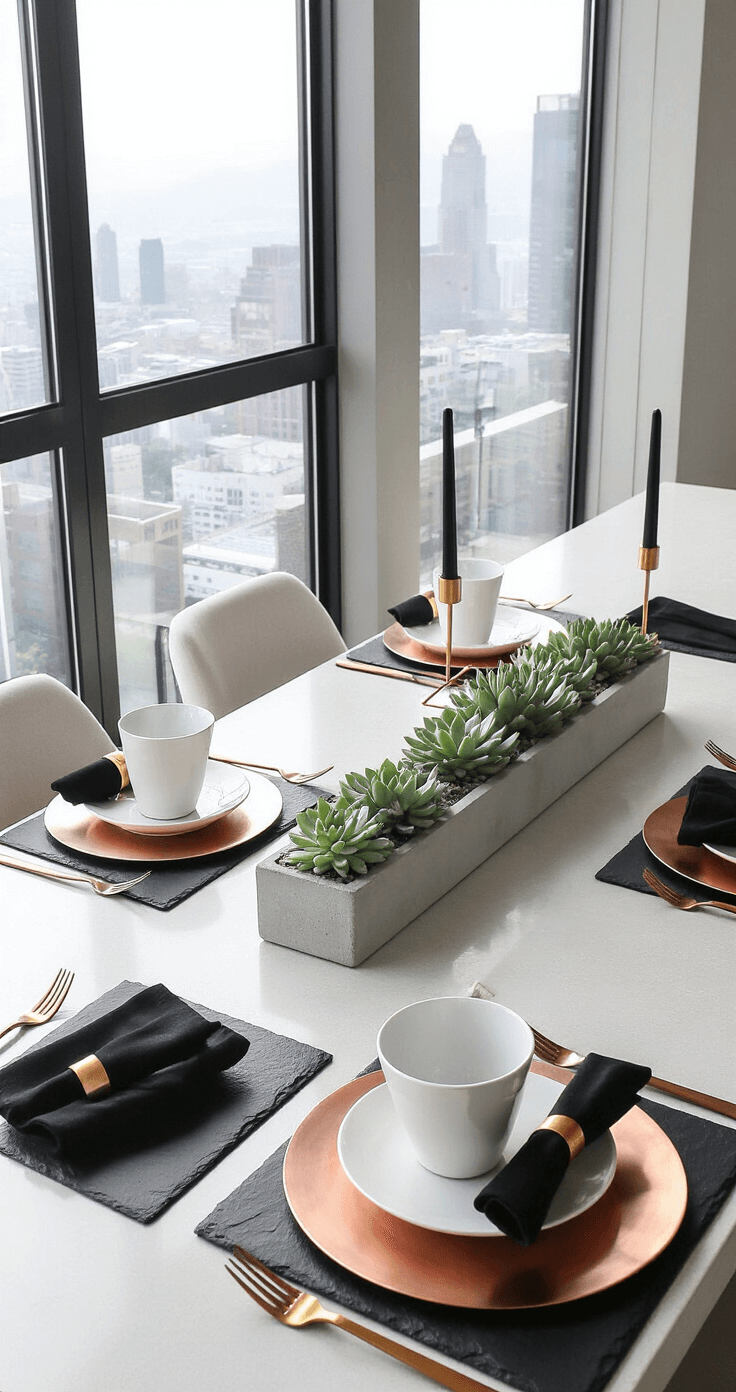 Sophisticated modern dining space featuring black slate placemats, white porcelain dinnerware, and copper charger plates, with a linear succulent centerpiece in concrete planters and geometric brass candleholders. Floor-to-ceiling windows provide a late afternoon city view and natural light, captured from an elevated angle through a kitchen pass-through, highlighting sleek polished concrete surfaces and a monochromatic palette with metallic copper accents.