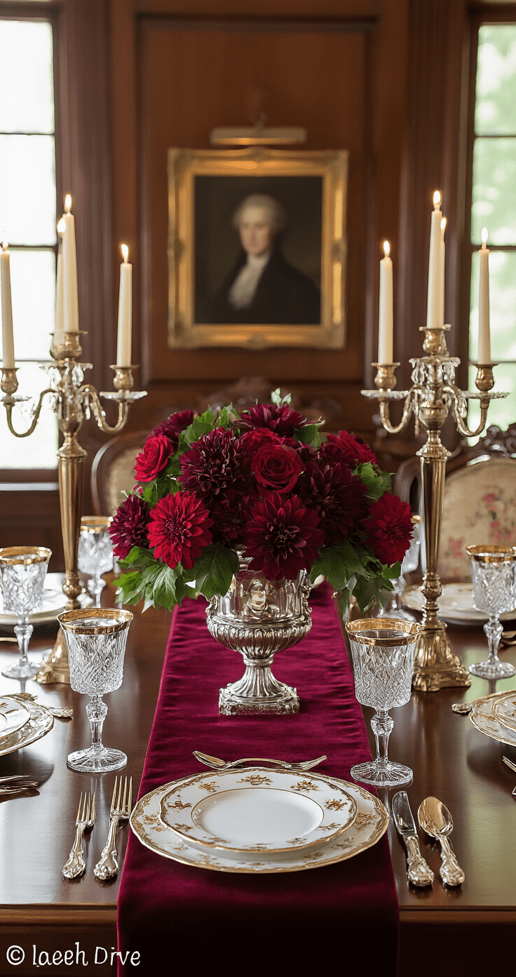 A luxurious formal dining room featuring a mahogany table adorned with a burgundy velvet table runner. The setting includes fine bone china with gold rims, crystal stemware, and polished silver cutlery. An elaborate floral centerpiece with deep red roses and burgundy dahlias is displayed in silver urns, complemented by tall brass candelabras holding ivory candles. The warm chandelier lighting illuminates the rich wood paneling, creating an inviting atmosphere filled with jewel tones of burgundy, gold, deep green, and ivory.