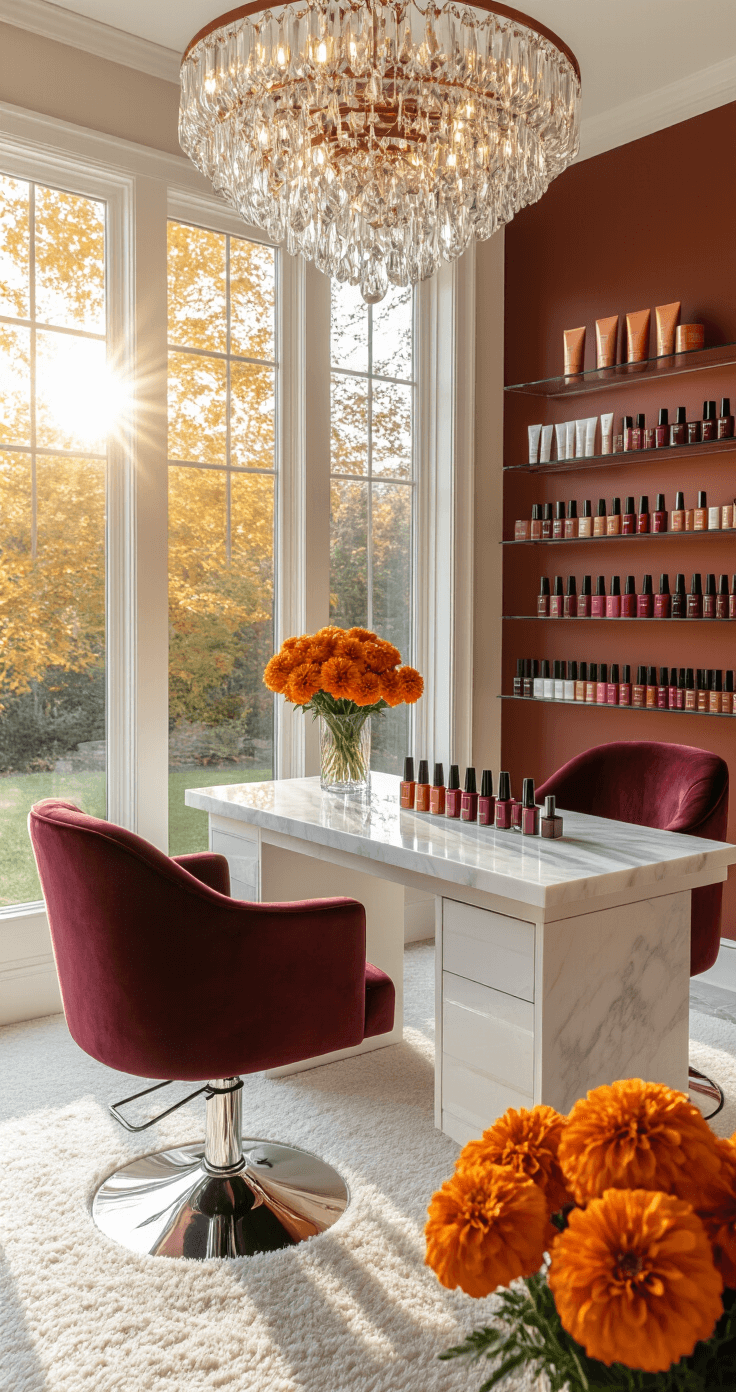 Luxurious home nail salon with floor-to-ceiling windows, golden hour sunlight illuminating a white marble manicure table, velvet burgundy chair, crystal chandelier, autumn nail polish collection on floating glass shelves, plush cream carpet, copper accent walls, and fresh orange marigolds in a crystal vase, captured from a 45-degree angle.