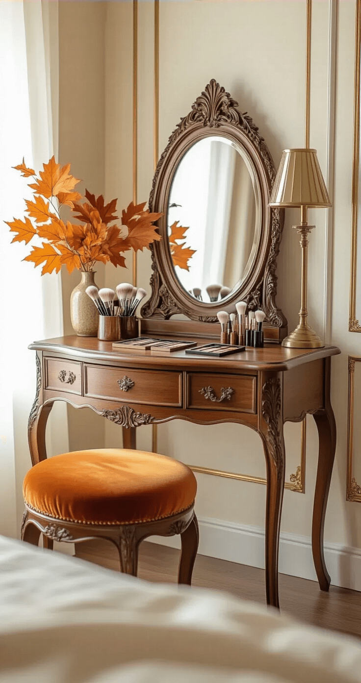 Elegant vanity corner in a master bedroom, featuring an antique wooden vanity with an ornate mirror. The scene is illuminated by soft morning light filtering through sheer curtains. Nail art supplies, including ultra-thin brushes in a ceramic holder and scattered French tip guides, are artfully displayed. A burnt orange velvet stool complements the cream walls adorned with gold leaf accents. A vintage brass lamp and a silk arrangement of autumn leaves enhance the intimate and creative atmosphere.