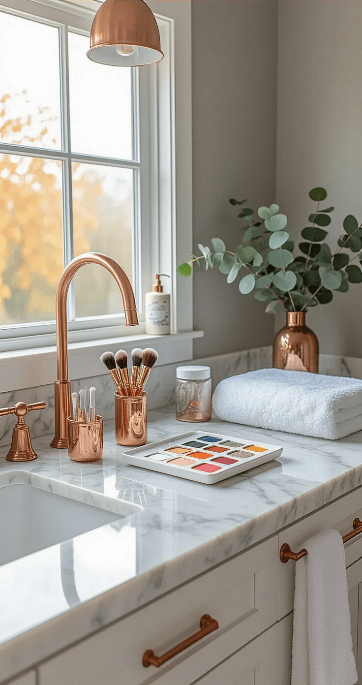 Elegant bathroom with marble countertops and afternoon light from a frosted window, featuring a professional nail art station with fine detail brushes in glass containers, color-blocked nail samples on a white ceramic tray, copper fixtures, warm gray walls, and fluffy white towels. Decorated with fresh eucalyptus branches and metallic gold accents, the overhead shot highlights a clean, modern aesthetic with autumn color pops.