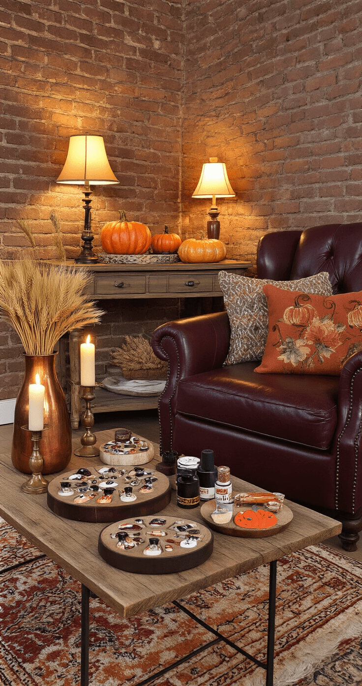 Cozy living room corner styled as a nail art studio, featuring a rustic wooden side table with harvest-inspired nail designs, a burgundy leather armchair, exposed brick wall, and a Persian rug, illuminated by warm candlelight and table lamps, creating an artistic bohemian atmosphere.