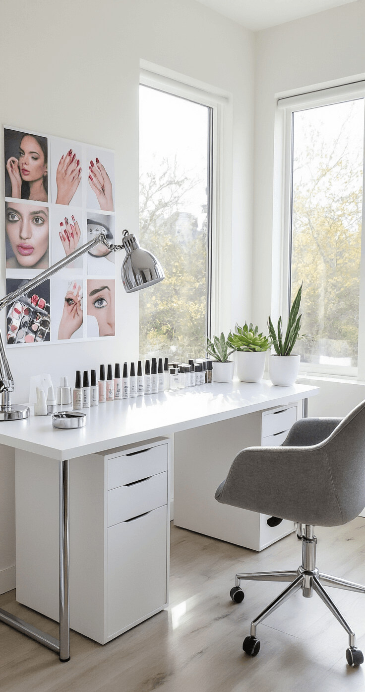 Modern home office transformed for nail artistry, featuring a sleek white desk with glass bottles of base coats and neatly arranged buffing tools, accompanied by an ergonomic gray chair and a gallery wall of nail art photos, all illuminated by bright morning light from large windows.