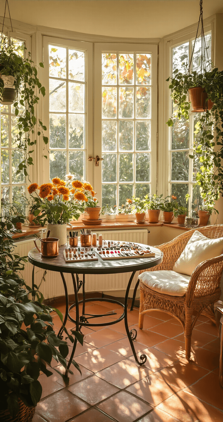 A sunroom converted into a beauty studio, filled with golden afternoon light. A vintage wrought iron table showcases DIY nail art supplies, while a wicker chair with cream cushions sits nearby. Terra cotta floor tiles and hanging plants enhance the cozy atmosphere, complemented by fresh autumn flowers and a copper watering can.