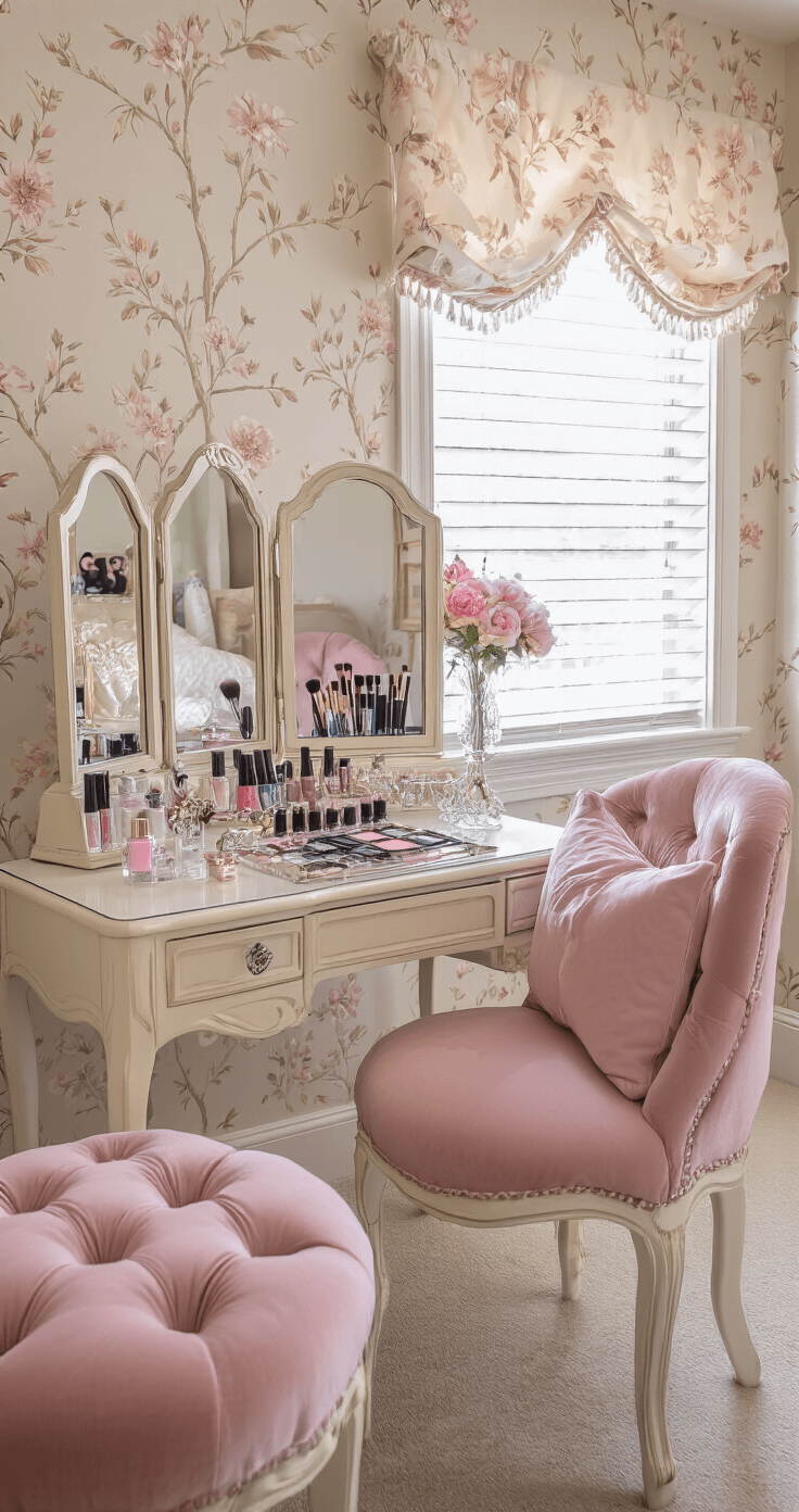 A beautifully transformed guest bedroom into a personal nail salon featuring soft twilight light, an antique dressing table with a tri-fold mirror displaying a professional nail art collection, a tufted pink velvet chair, subtle floral wallpaper, and elegantly arranged crystal perfume bottles and silk flowers, all contributing to a romantic and sophisticated atmosphere.