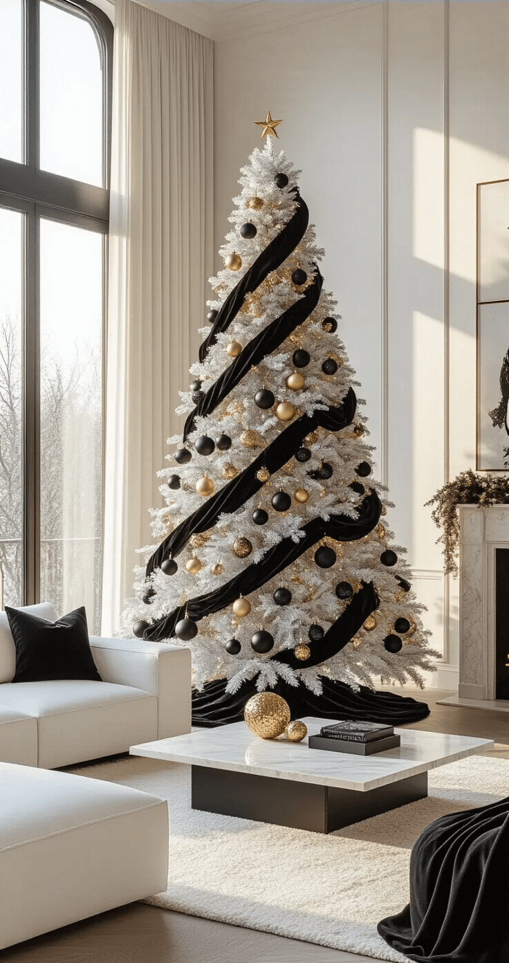 Cinematic wide shot of a luxurious modern living room with a stunning 9ft flocked white Christmas tree adorned with matte black glass ornaments and gold accents, framed by warm golden hour lighting, plush white sectional sofa, marble coffee table, and cream Persian rug against minimalist white walls.