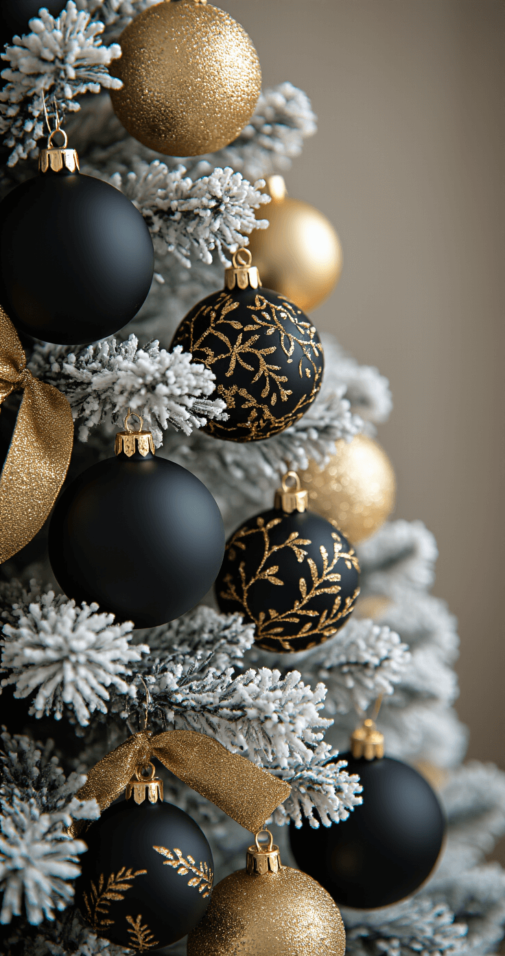 Close-up of a black and gold Christmas tree, highlighting matte black baubles at the bottom, medium gold ornaments in the middle, and delicate pearl picks among inner branches, with soft lighting accentuating the textures of velvet ribbons and glossy decorations, captured from a lower angle for a luxurious effect.