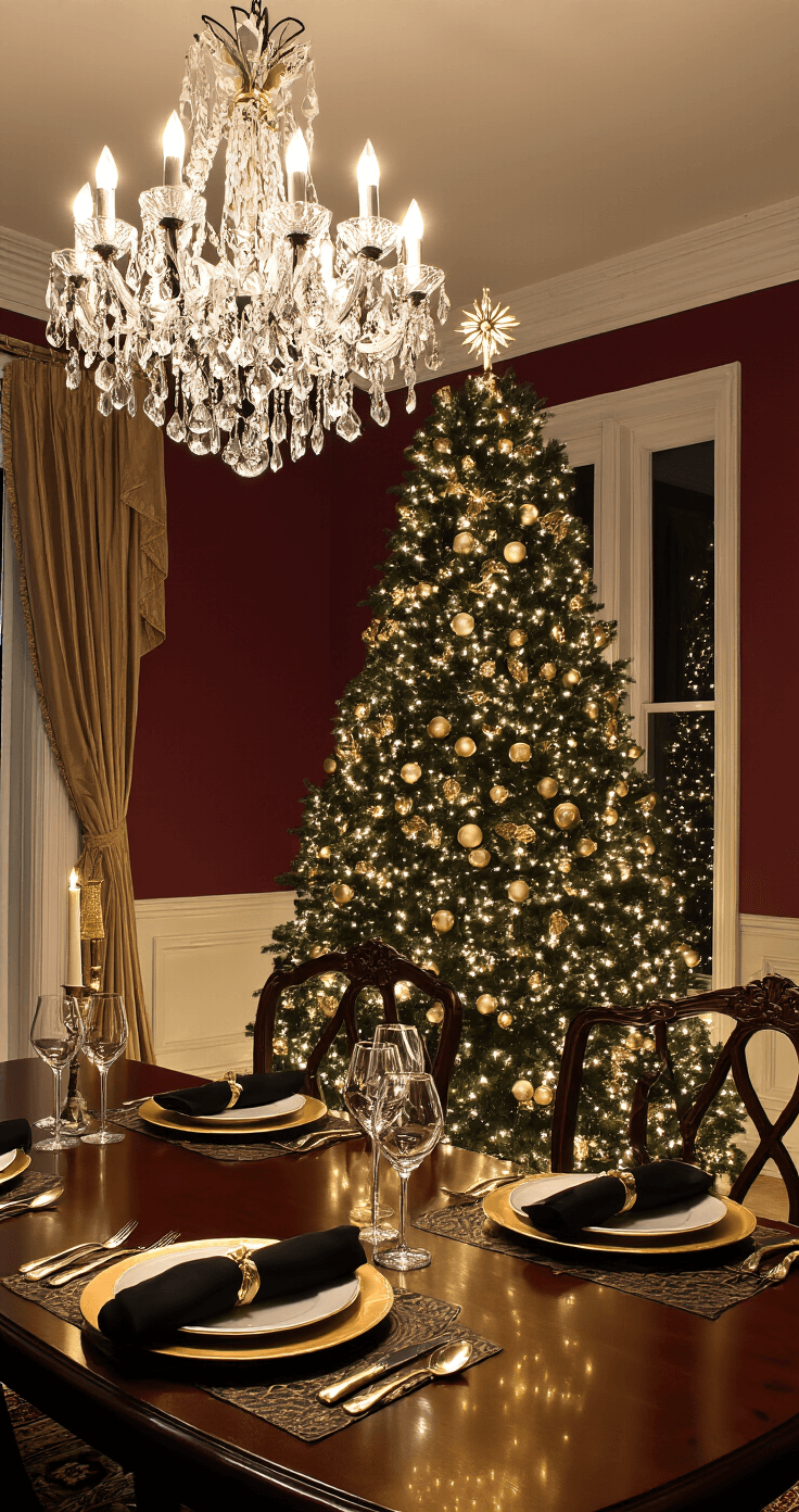Elegant dining room featuring a black and gold Christmas tree illuminated by warm white LED lights, positioned beside a mahogany dining table set with gold chargers and black napkins, with a crystal chandelier above and rich burgundy walls creating an opulent atmosphere.