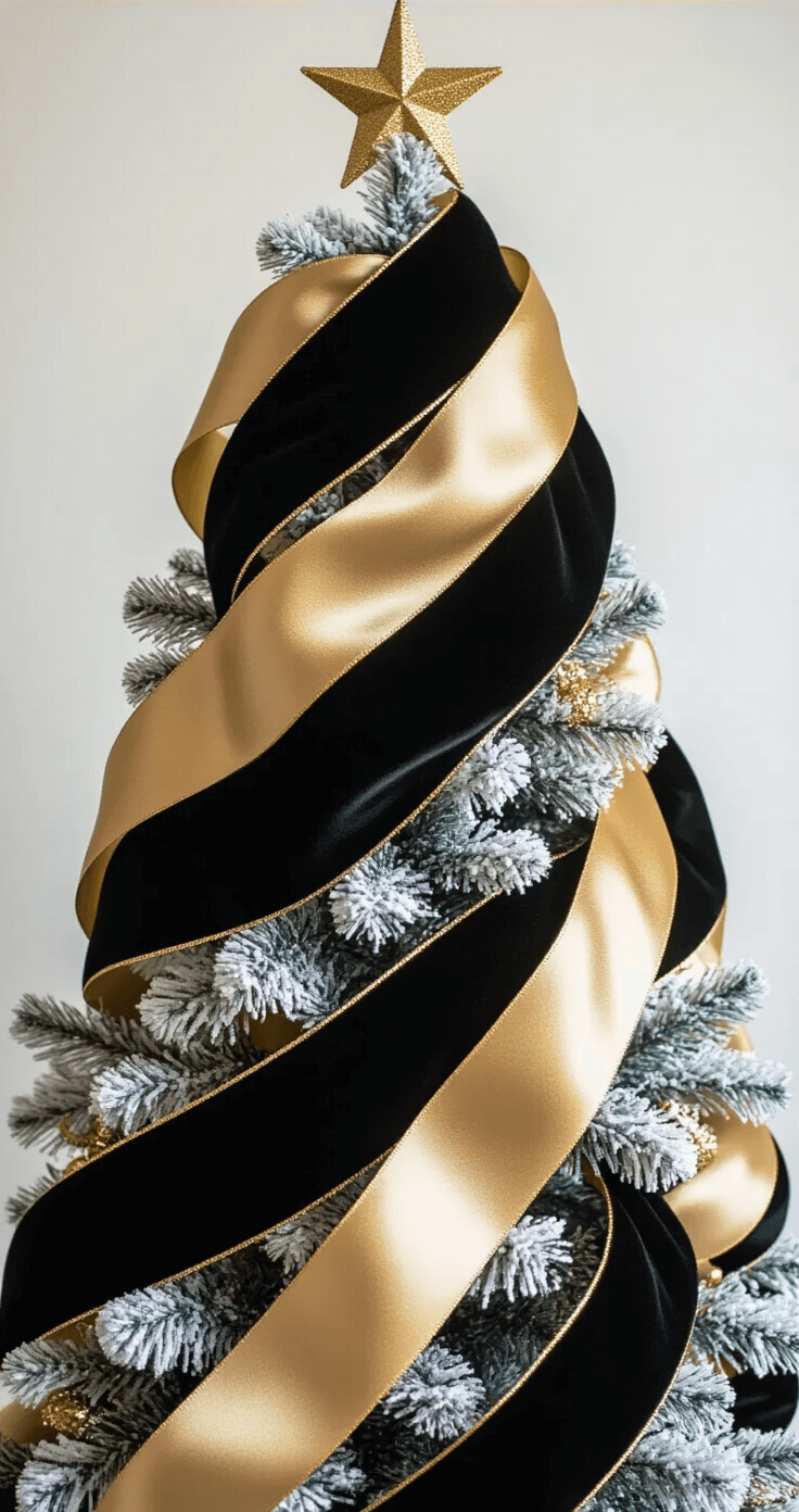 Close-up of a black and gold Christmas tree showcasing luxurious black velvet and gold satin ribbons draping elegantly among white flocked branches, with soft shadows and professional lighting highlighting the ribbons' texture and flow.